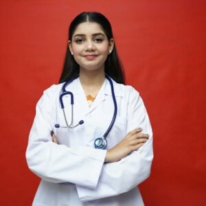 a woman in a white coat